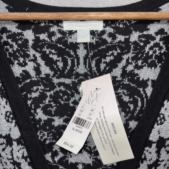 New York & Company Black Silver Floral Cardigan Sweater  XL Cotton Damask Print - Picture 4 of 7